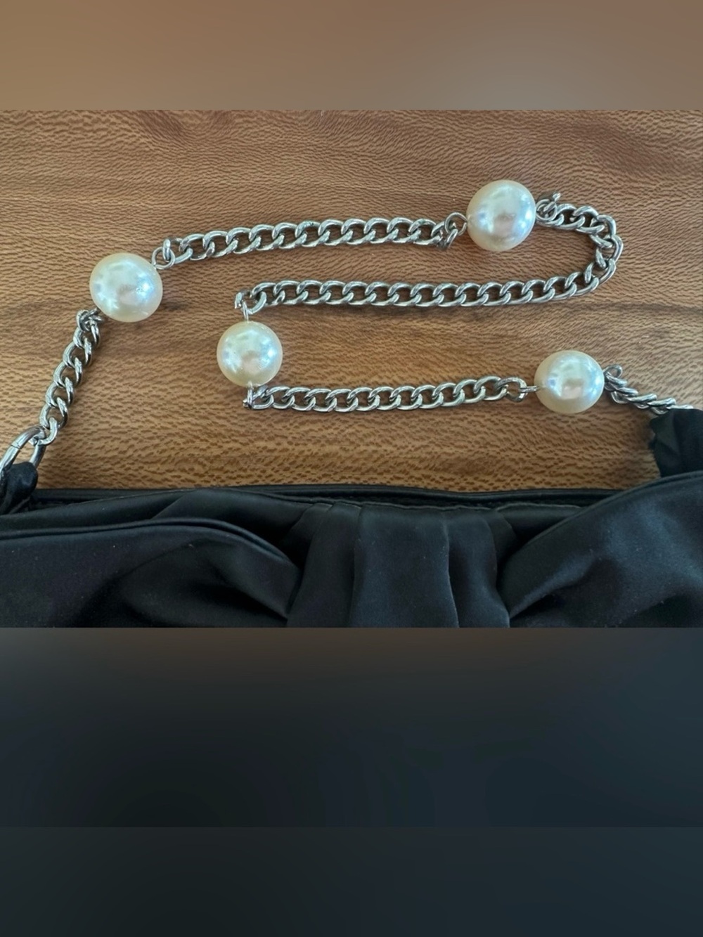 White House Black Market Black Bow-Front Evening Shoulder Bag with Pearl Chain - Picture 3 of 12